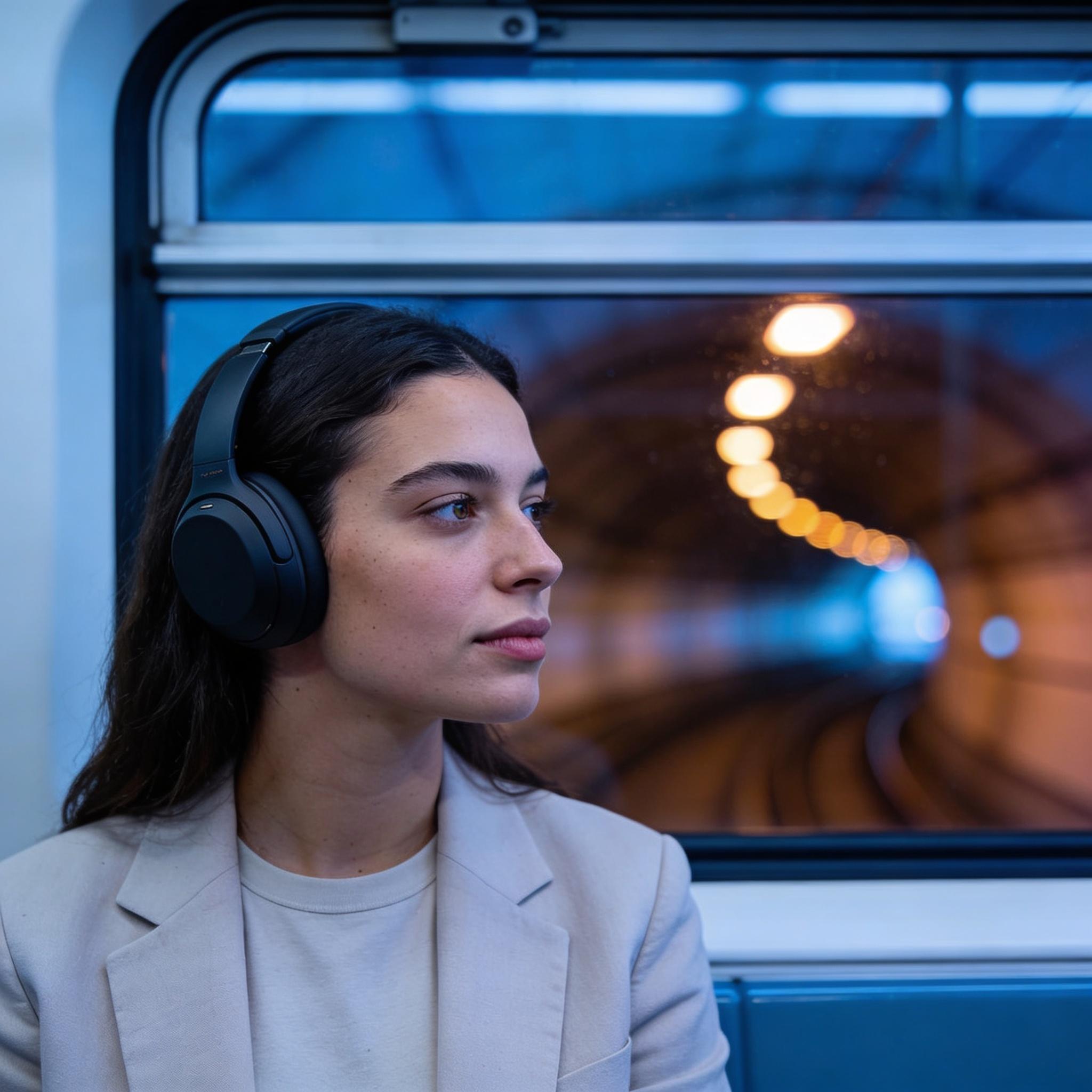Mujer escuchando audio-temario en el metro
