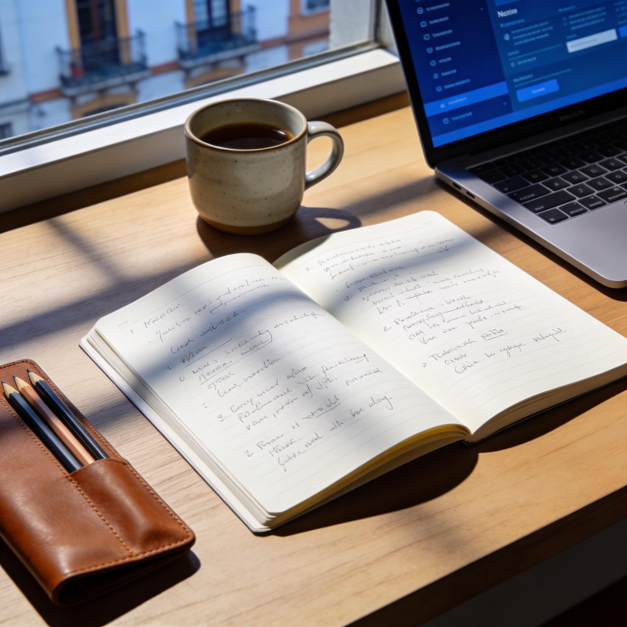 Escritorio minimalista con notas y portátil